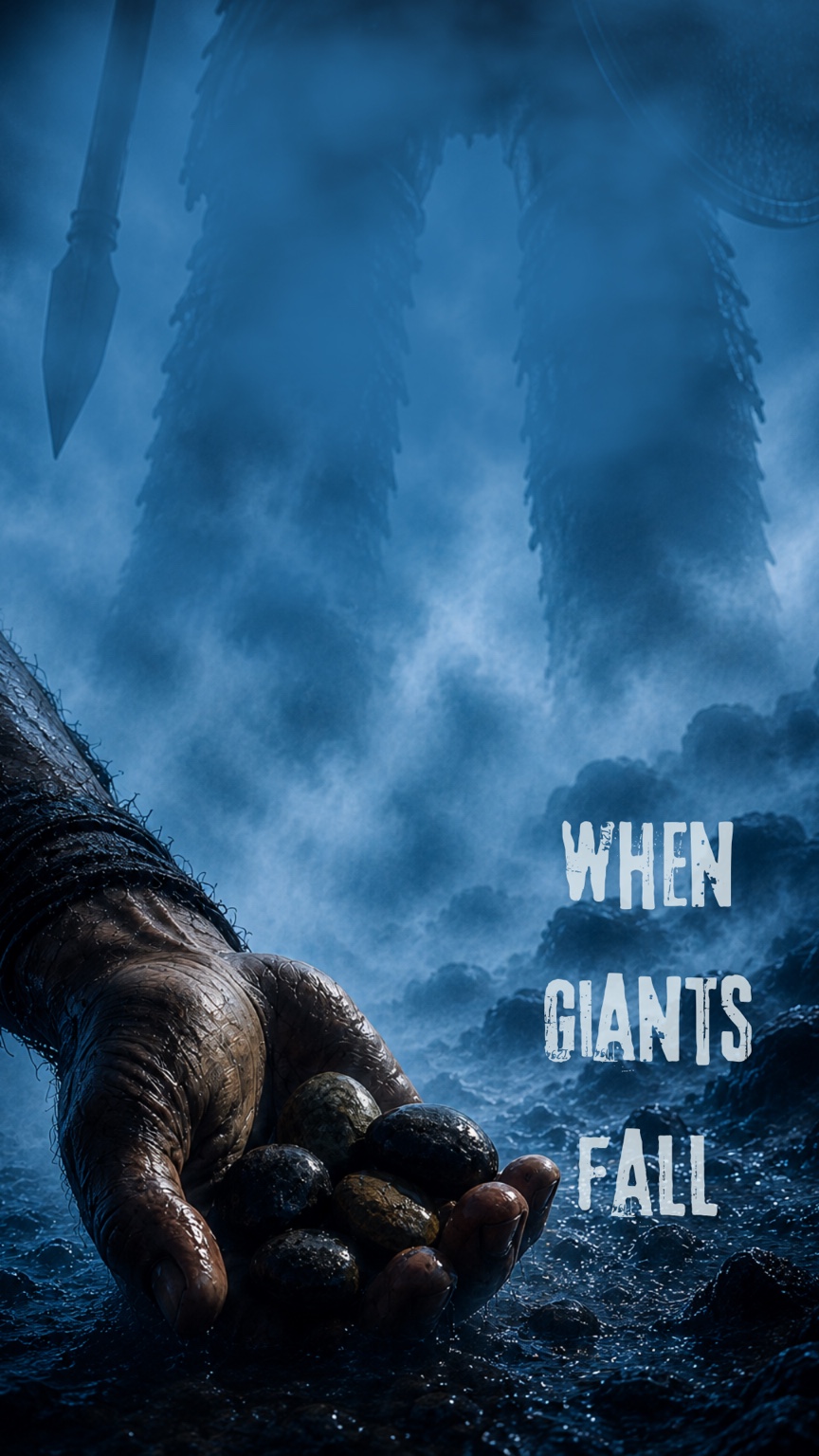 When Giants Fall artwork: five stones held before an imposing giant in blue mist